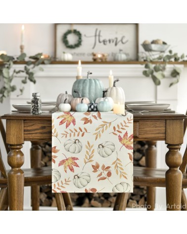 White pumpkin and autumn leaves table runner