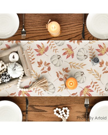 White pumpkin and autumn leaves table runner