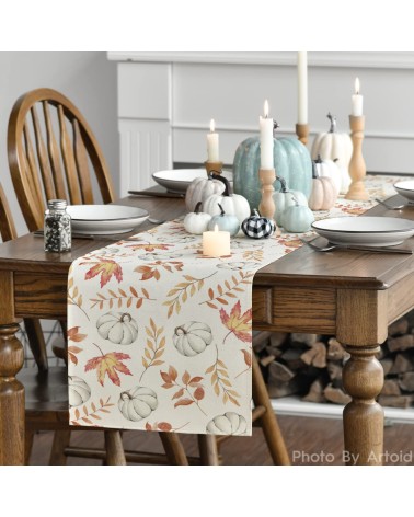 White pumpkin and autumn leaves table runner