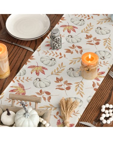 White pumpkin and autumn leaves table runner